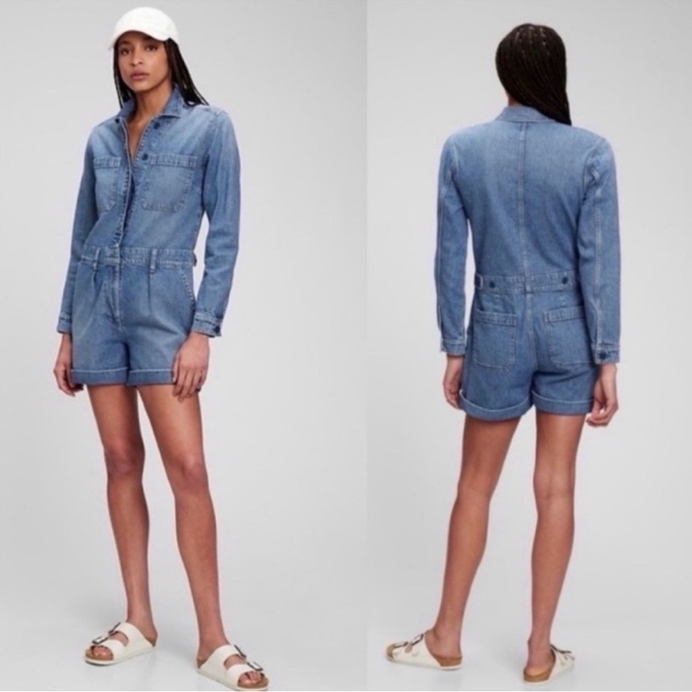 GAP Blue Denim Jumpsuit long sleeve long inseam Bermuda shorts